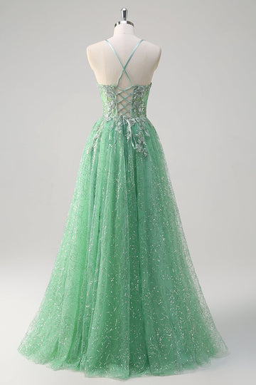 Sparkly verde chiaro una linea di spaghetti spalline corsetto tulle Abito da cerimonia con fessura